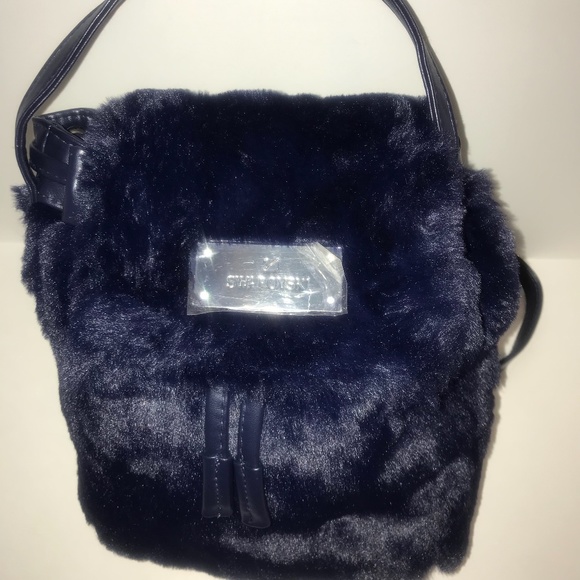 Swarovski Crystal Navy Blue Faux Fur Backpack NWOT main image 4
